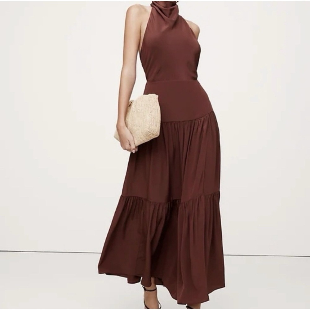 NWT Banana Republic Matte Silk Halter Maxi‎ Dress In Deep Brick Size 12